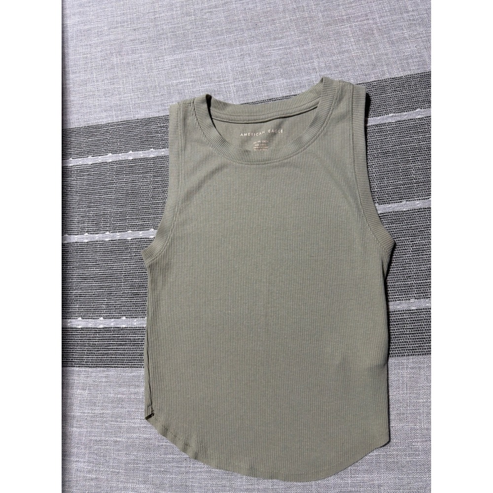 American Eagle Women XS Green Ribbed High Neck Sleeveless Tank Top‎ Crop Shirt